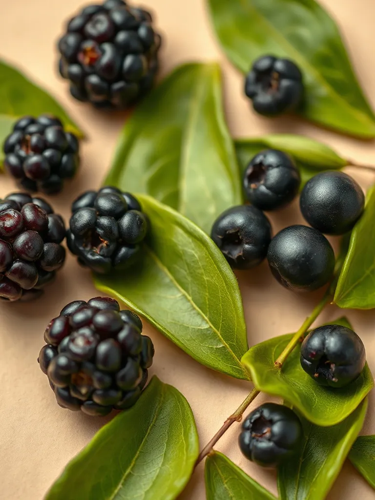 Detailed scientific macro shot of dark berries and green tea