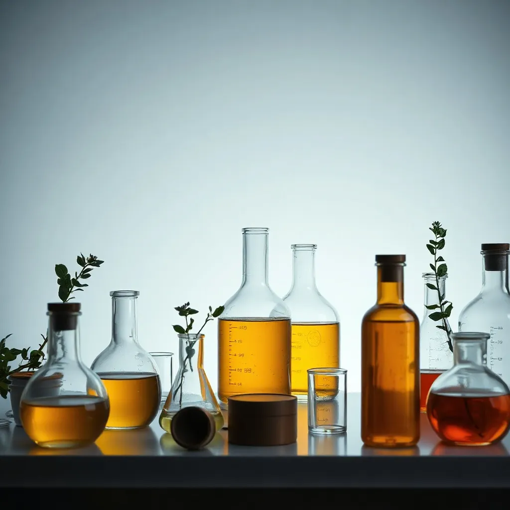 A minimalist professional laboratory setting with glass flas
